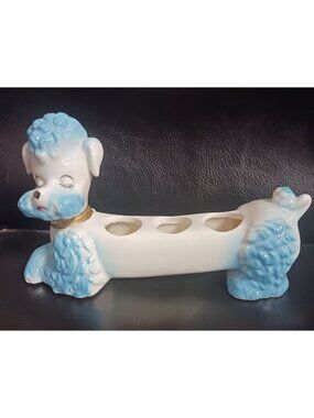 Vintage Blue White Poodle Lipstick Makeup Plant Holder Very good condition Appro